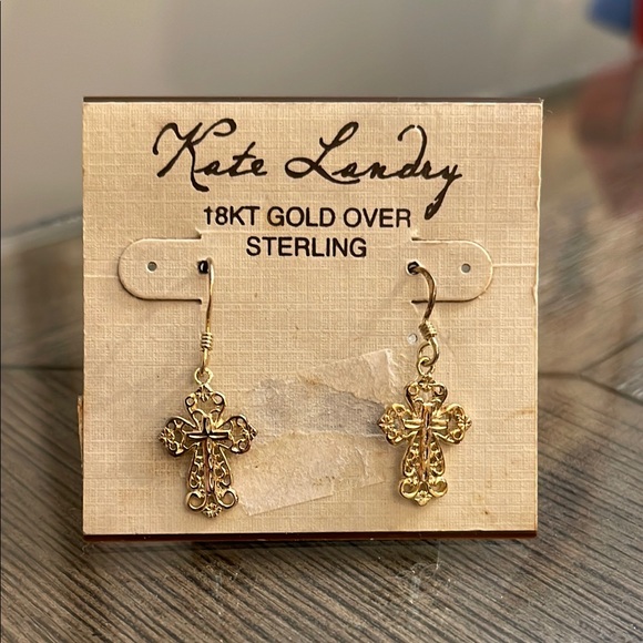 Kate Landry 18KT Gold Over Sterling Filigree Cross Earrings - Picture 1 of 11